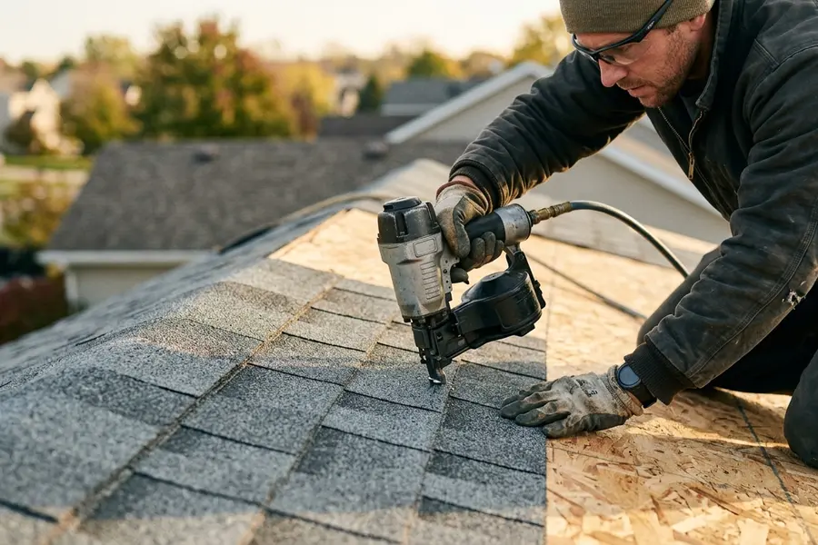 All American Home Improvement roofer fastening new shingles with a nail gun in Fort Branch